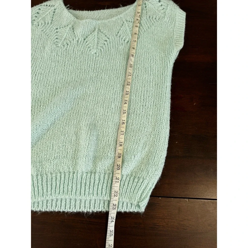 VTG Short Sleeve Sweater Mint Blue‎ Green Pointelle Cottage Lightweight Small